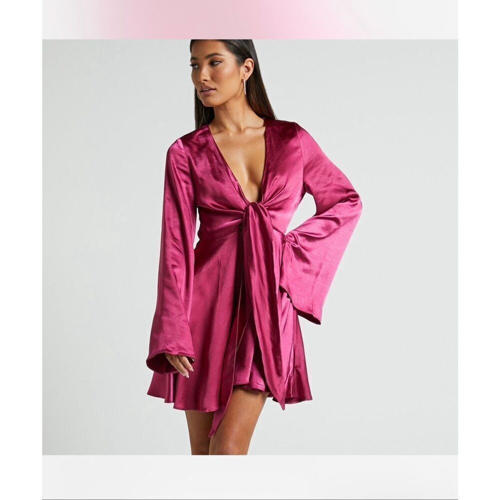 Showpo Marneth Hot Pink Magenta Mini Dress Deep V-neck Tie front bust detail